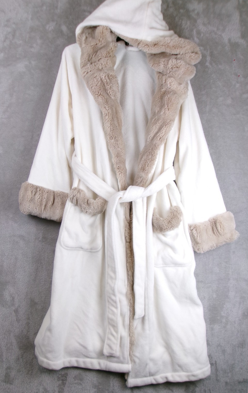 Pottery Barn Ruched Women's M Champagne Cream Faux Fur Trim Hooded Robe